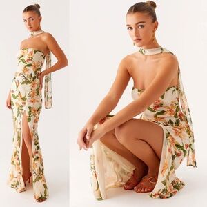 Peppermayo Cream Floral Maxi Dress with Green & Orange Print